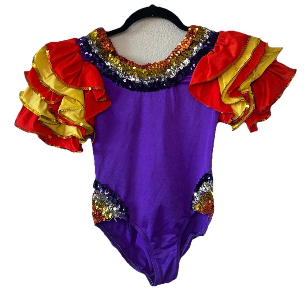 Vintage Dea Marvel Sequin Dance Leotard Purple Ruffle Costume USA XS Show Girl